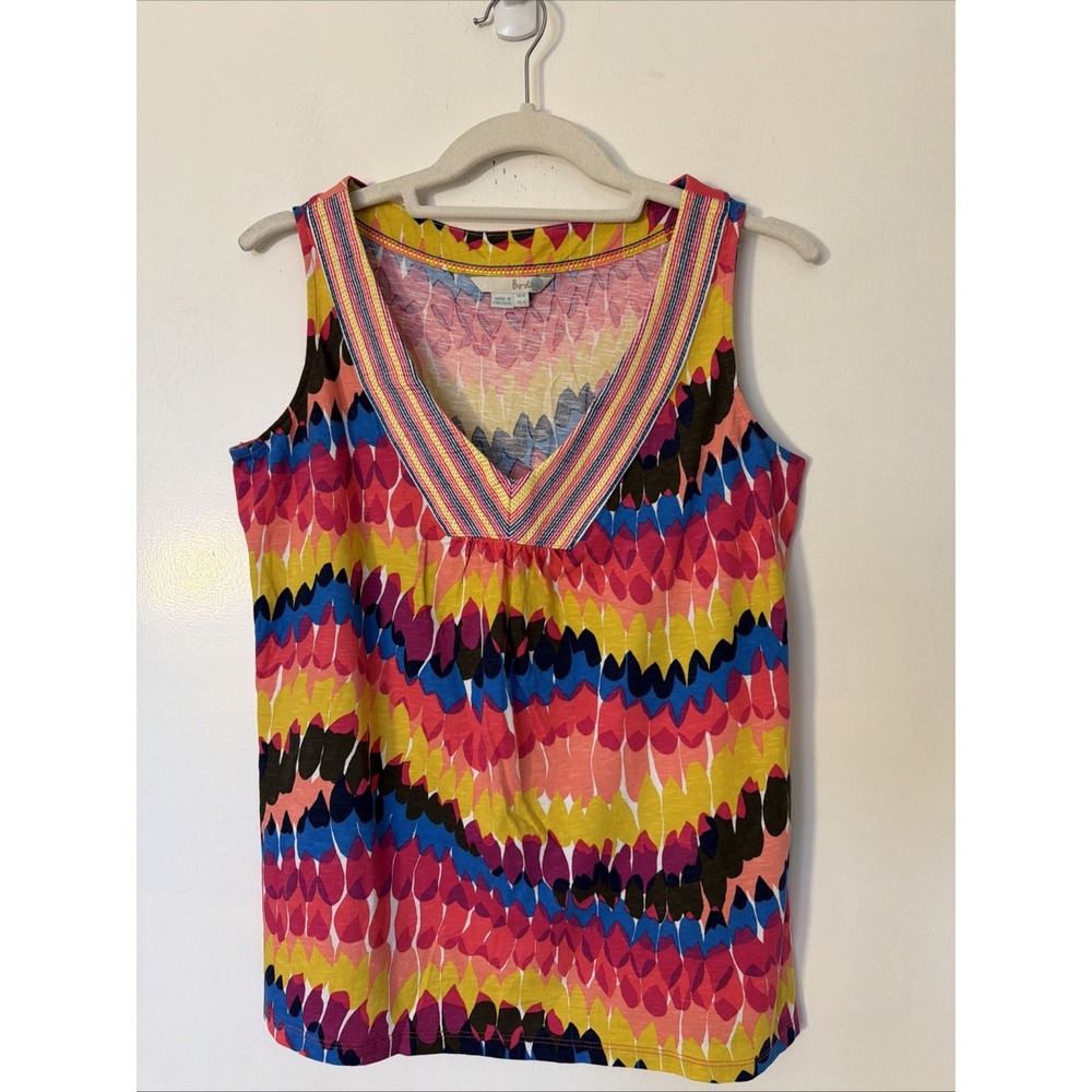 Boden Tank Top Embroidered V Neckline Bright Multicolor Sleeveless Size 6